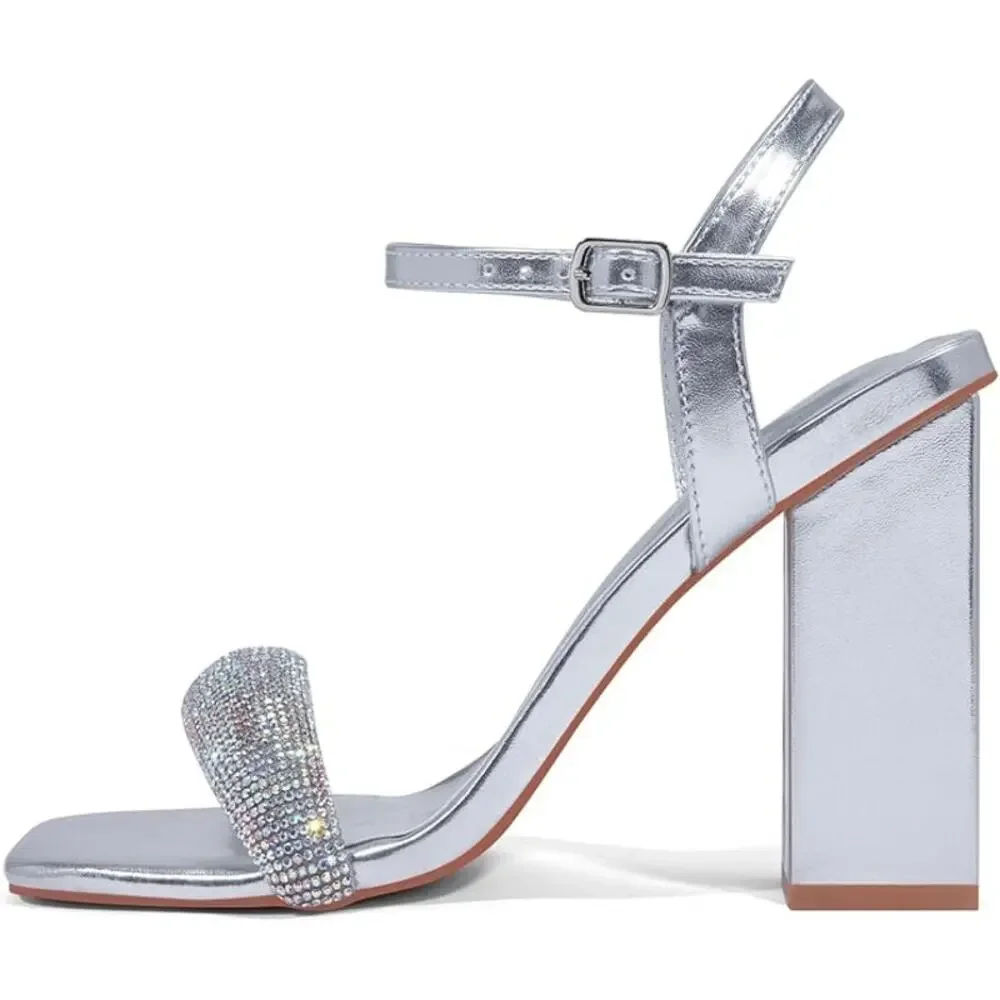 Elisabet Tang Rhinestone Ankle Strap Silver Block Heels Square Sandal Shoe - Picture 2 of 6
